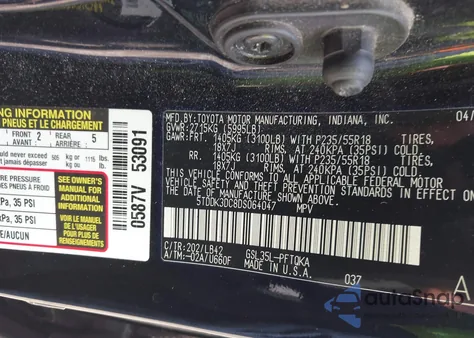 2013 Toyota Sienna Xle 7 Passenger z USA, uszkodzony, nr VIN 5TDDK3DC8DS064047